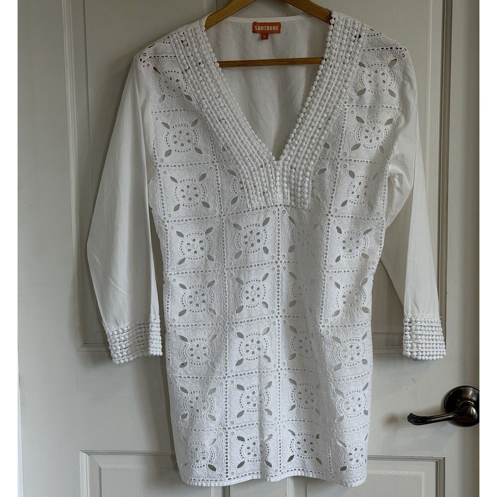 Santoori Women’s Medium White Eyelet Embroidered Top Boho V Neck made in India